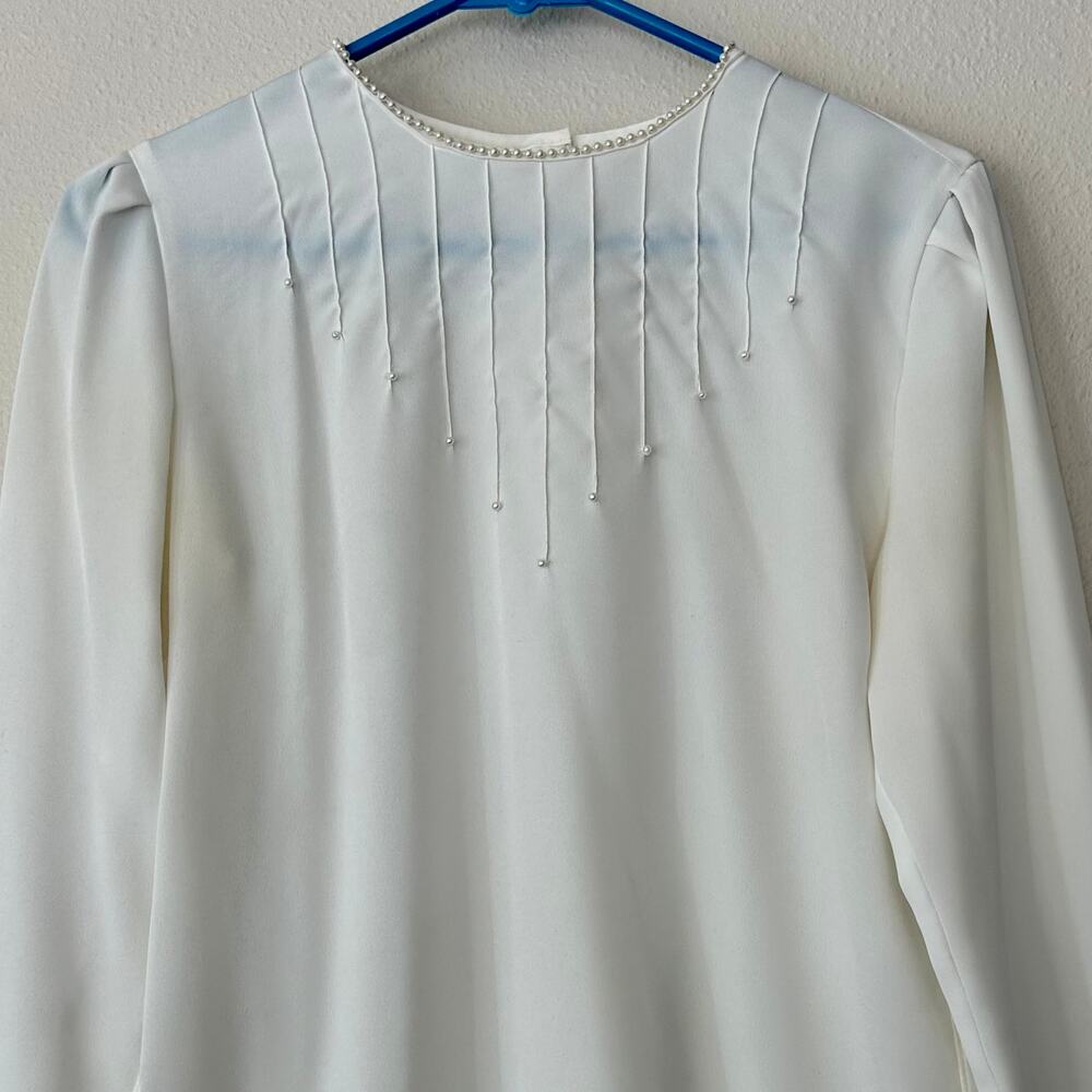 Vintage La Beaute Blouse Pearl Accents High Neck Semi Sheer Feminine Coquette S View 2